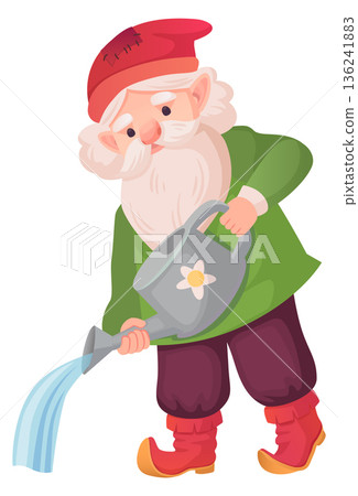 Old dwarf with watering can. Gardening gnome character Old dwarf with watering can. Gardening gnome character 136241883