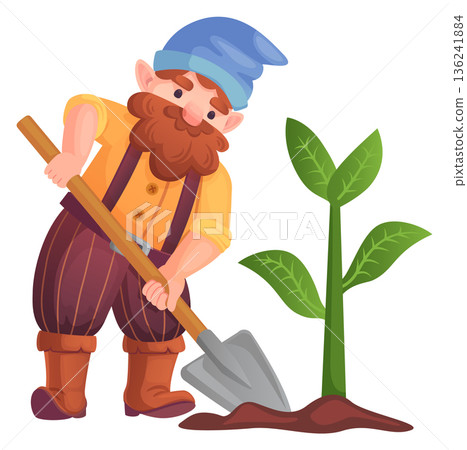 Garden gnome planting green botany with shovel cartoon drawing Garden gnome planting green botany with shovel cartoon drawing 136241884
