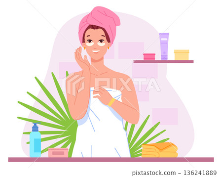 Woman with eye patches. Beauty spa procedure color icon 136241889