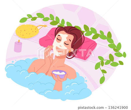 Bath products applying. Woman lay in bathtub with scrub jar 136241900