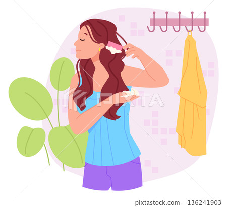 Haircare product applying. Woman moisturizing or styling hair Haircare product applying. Woman moisturizing or styling hair 136241903