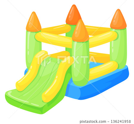 Bouncy castle cartoon icon. Jumping kid attraction Bouncy castle cartoon icon. Jumping kid attraction 136241958