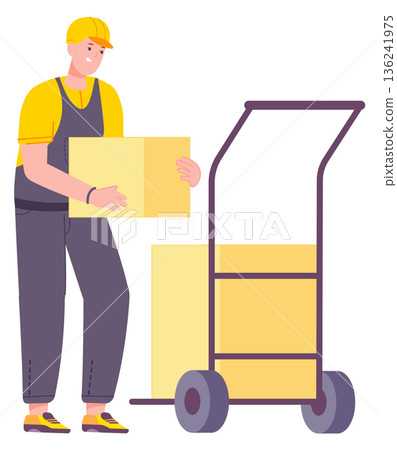 Warehouse trolley loading or unloading. Storehouse worker character 136241975