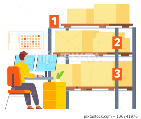 Cargo boxes distribution on storage shelves. Warehouse logistics 136241976