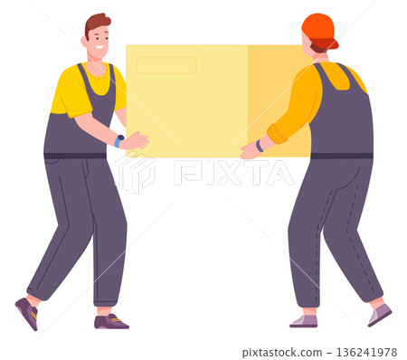 Delivery service workers carry shipping package together 136241978