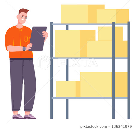 Warehouse inventory concept. Shipping goods storage worker Warehouse inventory concept. Shipping goods storage worker 136241979