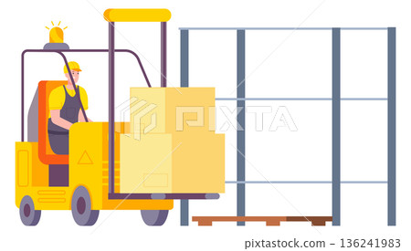 Storehouse worker ride forklift with cardboard box pallet 136241983