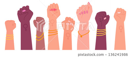 Women fist lift up. Female power illustration Women fist lift up. Female power illustration 136241986