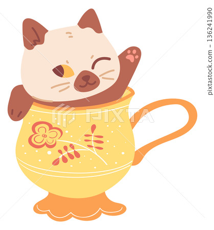 Playful kitten in funny mug. Cute animal icon Playful kitten in funny mug. Cute animal icon 136241990