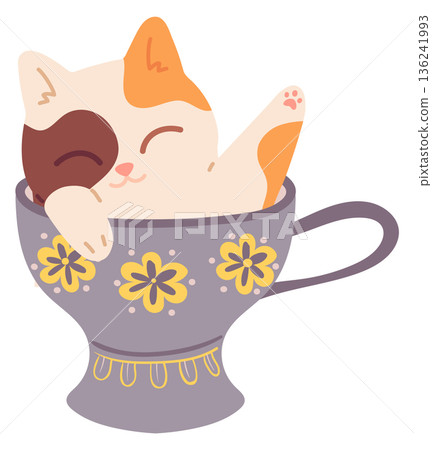 Cute kitten sleep in ceramic cup decorative drawing Cute kitten sleep in ceramic cup decorative drawing 136241993