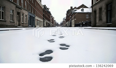 Muted winter city street after fresh snowfall with footprints fading into distance conveying transition and quiet determination Muted winter city street after fresh snowfall with footprints fading into distance conveying transition and quiet determination 136242069