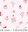valentine seamless pattern background, cute drawing cartoon of heart balloon, cupid, love letter, cup cake, key, gift box, love bubble isolated on pink background, flat minimal style 136242206