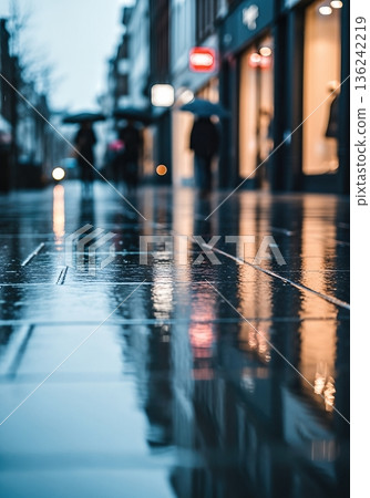 Rain soaked pavement reflecting pastel storefront lights in overcast spring afternoon cinematic mood 136242219