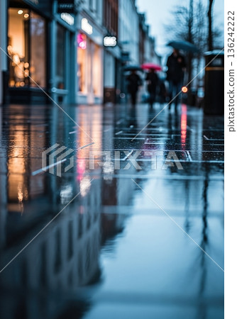 Rain soaked pavement reflecting pastel storefront lights in overcast spring afternoon cinematic mood 136242222