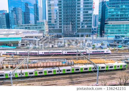 日本東京的城市景觀,入境旅遊仍在繼續…山手線和新幹線列車排成長隊…許多外國遊客在月台上來來去去。 日本東京的城市景觀,入境旅遊仍在繼續…山手線和新幹線列車排成長隊…許多外國遊客在月台上來來去去。 136242231