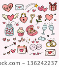 set of cute drawing cartoon of Valentine with heart, love, ring, rose, letter, Champagne, cup cake, key, calendar isolated on pink background 136242237