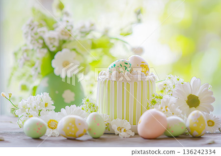 Easter card with eggs, kulich, and flowers 136242334