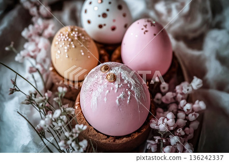 Easter card with eggs, kulich, and flowers Easter card with eggs, kulich, and flowers 136242337