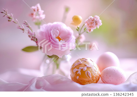 Elegant Easter card with flowers and eggs 136242345