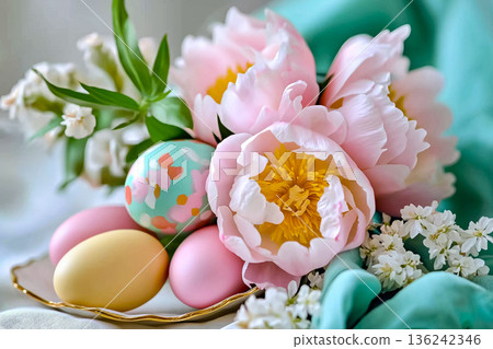 Elegant Easter card with flowers and eggs Elegant Easter card with flowers and eggs 136242346