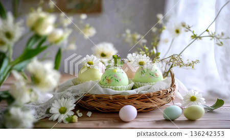 Pastel Easter Decor in a Cozy Living Room Pastel Easter Decor in a Cozy Living Room 136242353