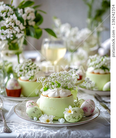 Pastel Easter Table Setting with Floral Details Pastel Easter Table Setting with Floral Details 136242354