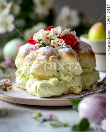 Sliced Kulich with Spring Flowers and Easter Eggs Sliced Kulich with Spring Flowers and Easter Eggs 136242417