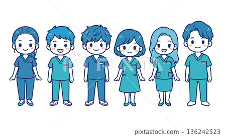 變形的護理師和醫護人員角色模型，手術服團隊素材 136242523