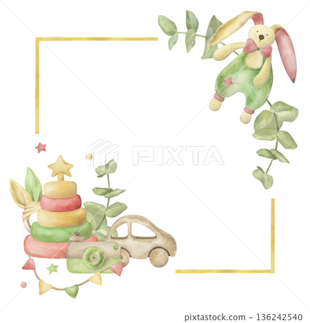 Hand drawn watercolor nursery frame with bunny toy, wooden car, stacking rings, garland and eucalyptus branches. Botanical baby illustration in soft pastel colors for birth cards, posters, invitations 136242540