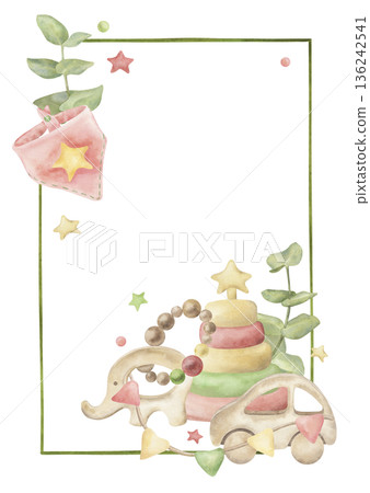 Hand painted watercolor baby frame with elephant, toy car, stacking rings, stars and eucalyptus. Botanical nursery illustration, soft pastel colors, ideal for baby shower cards, posters, invitations 136242541