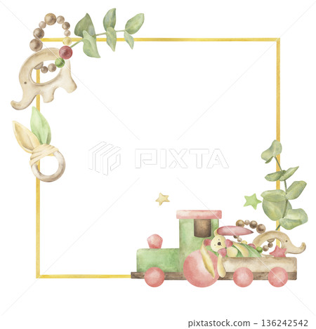 Hand painted watercolor baby frame with toy train, elephant, wooden rattle, stars and eucalyptus. Botanical nursery illustration in soft pastel tones, perfect for baby shower cards, posters Hand painted watercolor baby frame with toy train, elephant, wooden rattle, stars and eucalyptus. Botanical nursery illustration in soft pastel tones, perfect for baby shower cards, posters 136242542