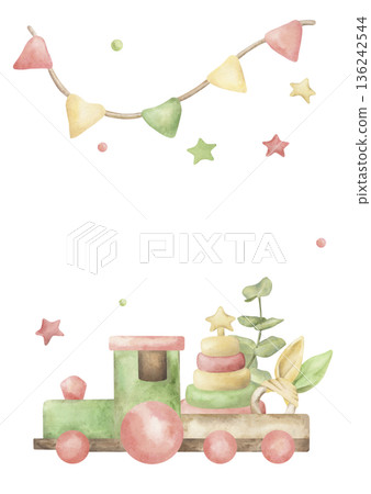 A template for a card featuring wooden baby toys. The illustration features a train, a pyramid, a teether with bunny ears, and eucalyptus, hand-drawn in watercolor. For children's parties cards 136242544