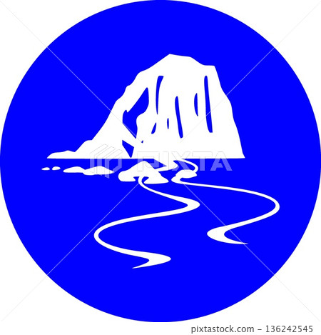 Modern Blue Circular Sea Arch Icon with Coastal Rock Formation and Winding Water Paths Modern Blue Circular Sea Arch Icon with Coastal Rock Formation and Winding Water Paths 136242545