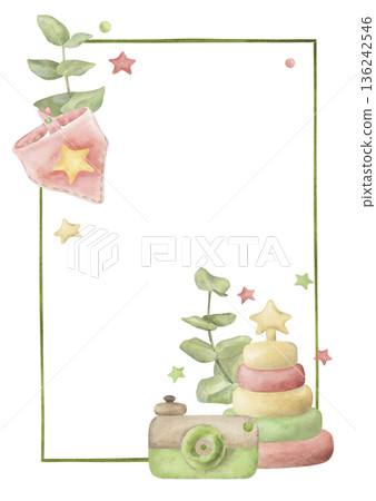 A baby shower card featuring wooden eco-friendly toys. A hand-drawn watercolor illustration featuring a pyramid, camera, eucalyptus, and a bib. For children's product design A baby shower card featuring wooden eco-friendly toys. A hand-drawn watercolor illustration featuring a pyramid, camera, eucalyptus, and a bib. For children's product design 136242546