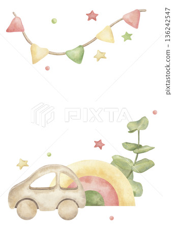Baby shower card. Hand-drawn watercolor illustration featuring a wooden car, rainbow, eucalyptus, flags, and stars. Suitable for holiday, birthday, greeting, and gift design. And for packaging Baby shower card. Hand-drawn watercolor illustration featuring a wooden car, rainbow, eucalyptus, flags, and stars. Suitable for holiday, birthday, greeting, and gift design. And for packaging 136242547