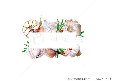 Hand-drawn garlic and herb label. Rustic watercolor sticker for kitchen display. Artisan crafted herb branding tag featuring detailed garlic and rosemary illustrations for kitchens and markets Hand-drawn garlic and herb label. Rustic watercolor sticker for kitchen display. Artisan crafted herb branding tag featuring detailed garlic and rosemary illustrations for kitchens and markets 136242591