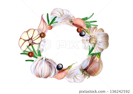 Watercolor wreath with garlic and herbs. Hand-drawn illustration of garlic with rosemary and spices. Creative watercolor depiction of garlic wreath with rosemary and pepper accents for market display 136242592