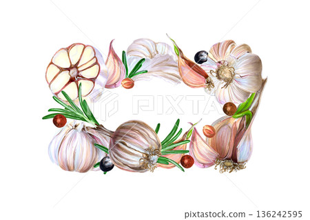 Herb decor illustration. Rustic herbal ornamentation with hand-painted garlic and rosemary framing. Artisanal watercolor depiction of culinary herbs and garlic used for food branding design Herb decor illustration. Rustic herbal ornamentation with hand-painted garlic and rosemary framing. Artisanal watercolor depiction of culinary herbs and garlic used for food branding design 136242595