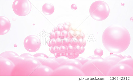 粉紅色珠光泡沫和氣泡漂浮在白色背景上，中心聚集一簇顆粒。 3D圖像，適用於美容護膚成分展示。 136242812