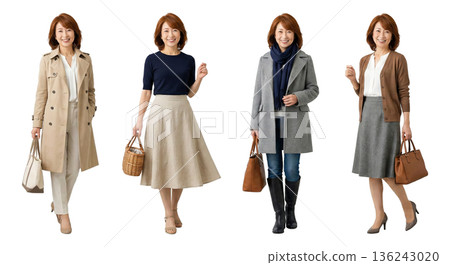 一套四位五十多歲的日本女性，分別身著春、夏、秋、冬裝，全身鏤空設計，透明PNG材質，休閒裝，套裝 136243020