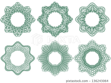 A set of guilloche elements. Watermark patterns. Frames. Isolated on white background.  136243064
