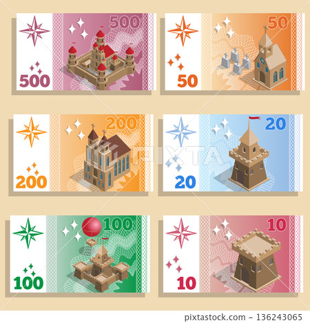 A set of game money with the image of architectural structures. Isometric. Vector illustration. 136243065