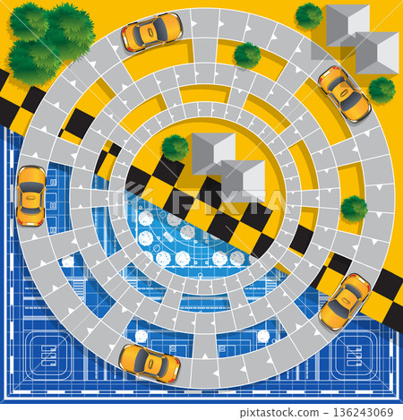 Moving the taxi in the city. Board game. Vector design for app game user interface. Moving the taxi in the city. Board game. Vector design for app game user interface. 136243069
