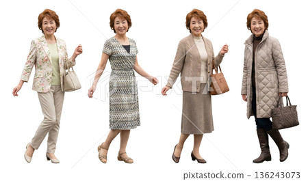 Elegant Japanese woman in her 70s, 4 variations of the same person, full-body cutout PNG, transparent background, spring, summer, autumn, winter, casual 136243073