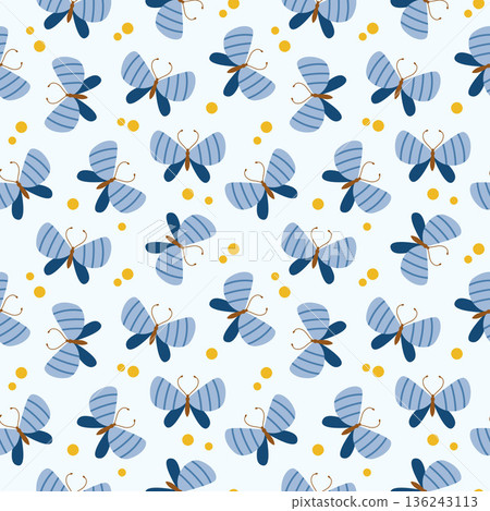 Seamless pattern with cute butterflies and dots on light background. Flat style. 136243113
