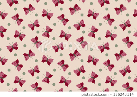 Seamless pattern with cute butterflies and dots on light background. Flat style. 136243114