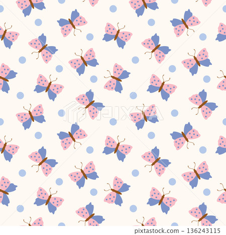 Seamless pattern with cute butterflies and dots on light background. Flat style. Seamless pattern with cute butterflies and dots on light background. Flat style. 136243115