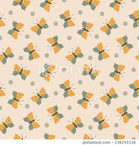 Seamless pattern with cute butterflies and dots on light background. Flat style. Seamless pattern with cute butterflies and dots on light background. Flat style. 136243116