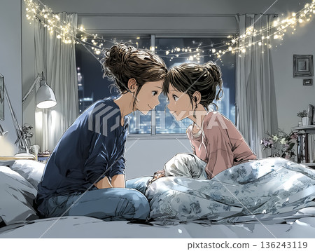 母親與女兒在睡前面對面 | 臥室裡親子安全時光的插圖 母親與女兒在睡前面對面 | 臥室裡親子安全時光的插圖 136243119