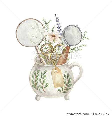 Cozy ceramic jug with tools 136243147